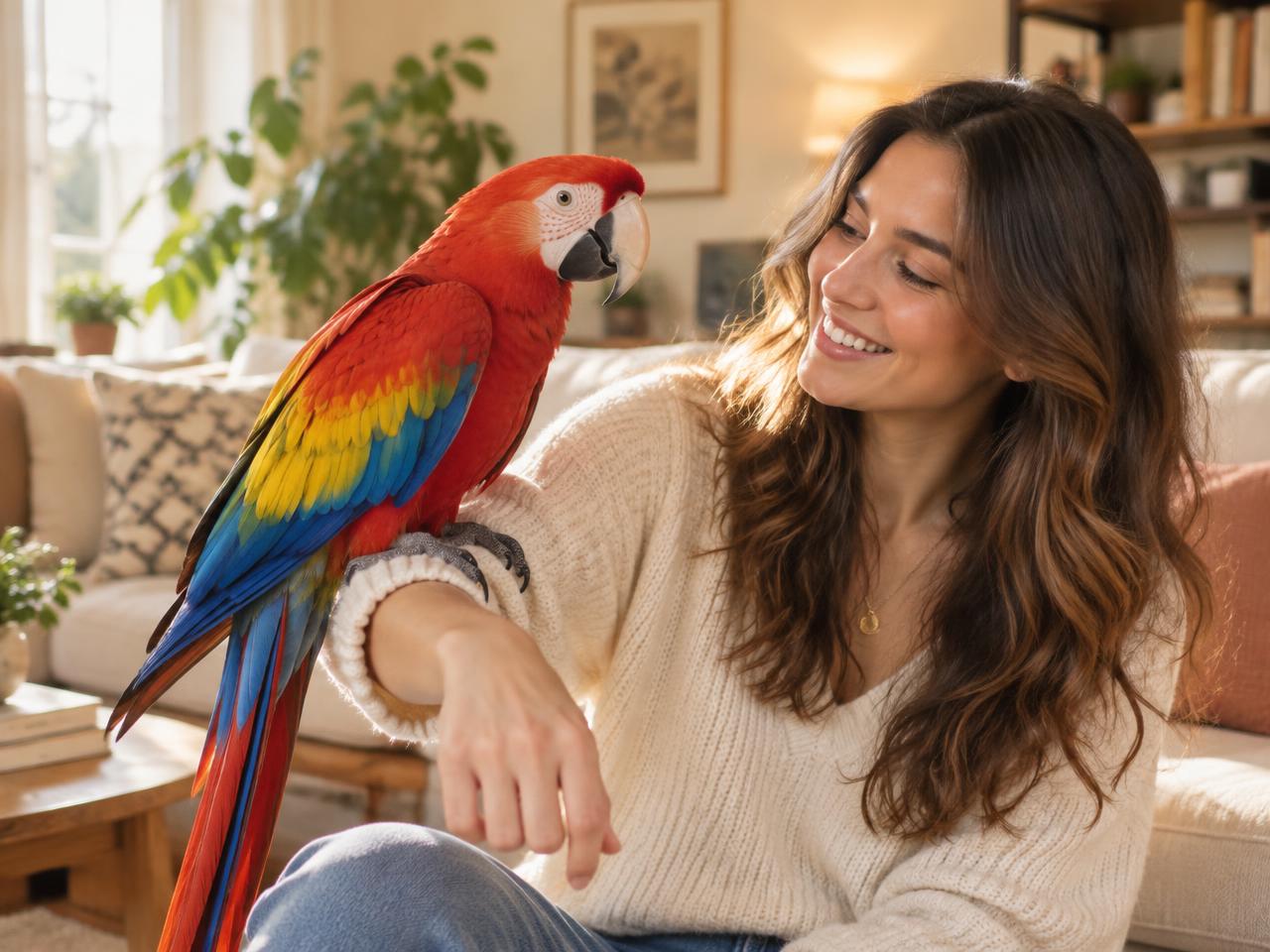 A scarlet macaw perched on a smiling sitter's arm in a sunlit living room